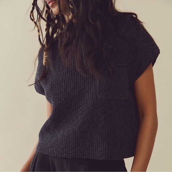 Free People Beach Grey Ribbed Knit Freya Sweater Top Size XL Boxy Cotton Boho - Picture 1 of 11